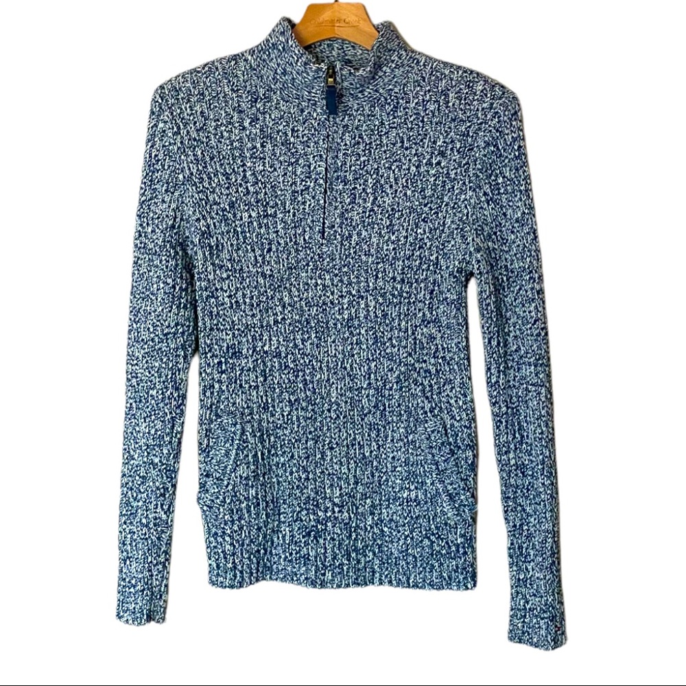 - Tommy Hilfiger 1/4 Zip Navy and White heathered sweater with pockets.